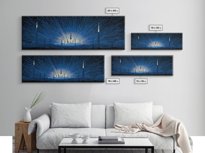 Blue Rocket Launch Wall Art, Radiant Sci Fi Space Poster, Midcentury Modern Art Print, Retro Futuristic Office Decor For Home