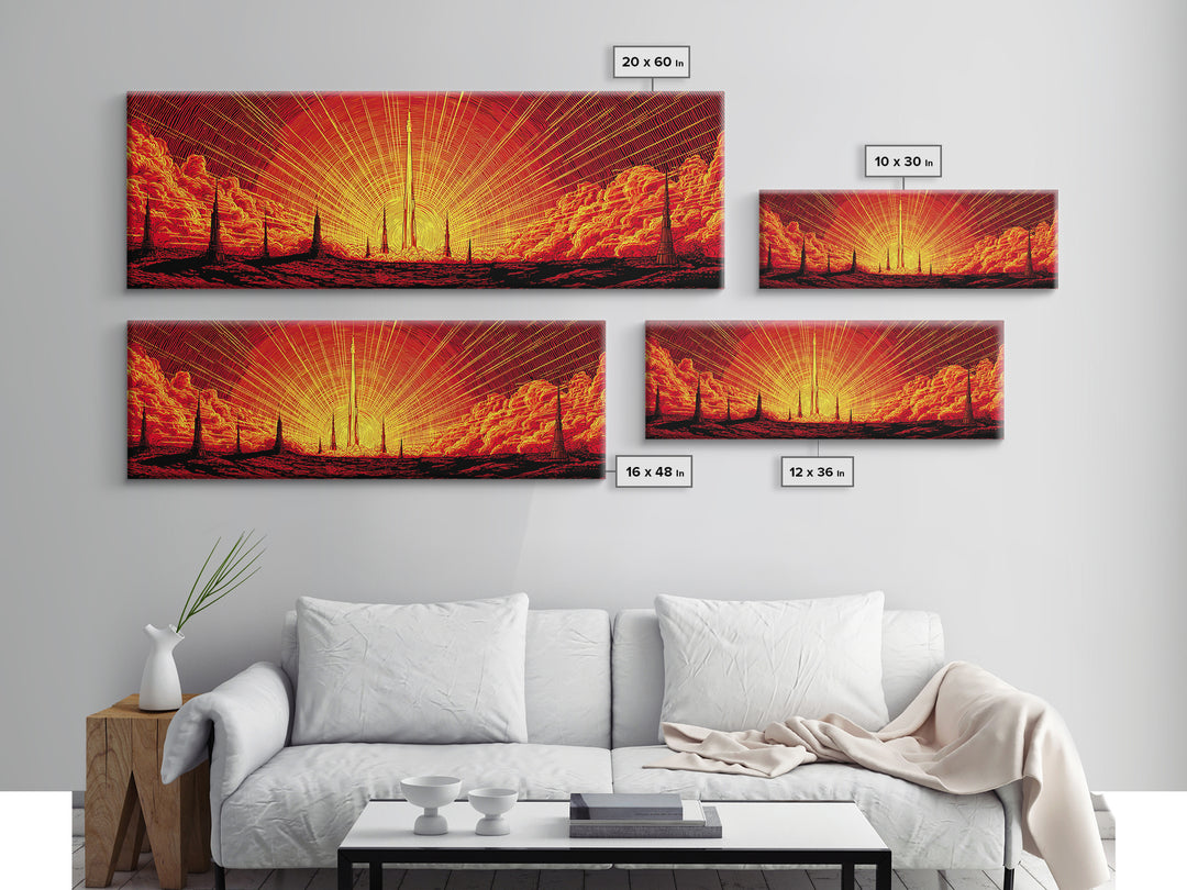 Fiery Rocket Silhouette Canvas Print, Orange Sunburst Space Poster, Midcentury Modern Wall Art, Retro Sci Fi MCM Home Decor