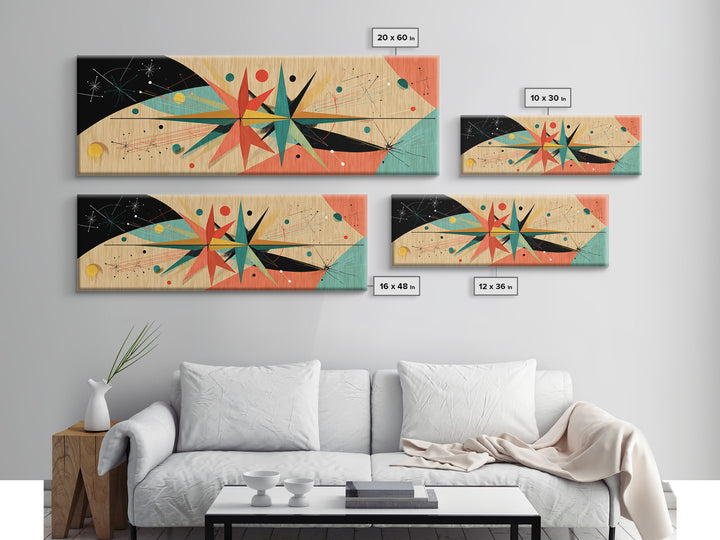 Retro Atomic Starburst On Wood Framed Canvas Print, Mid Century Modern Art, Boho Geometric Wall Decor For Office Or Den
