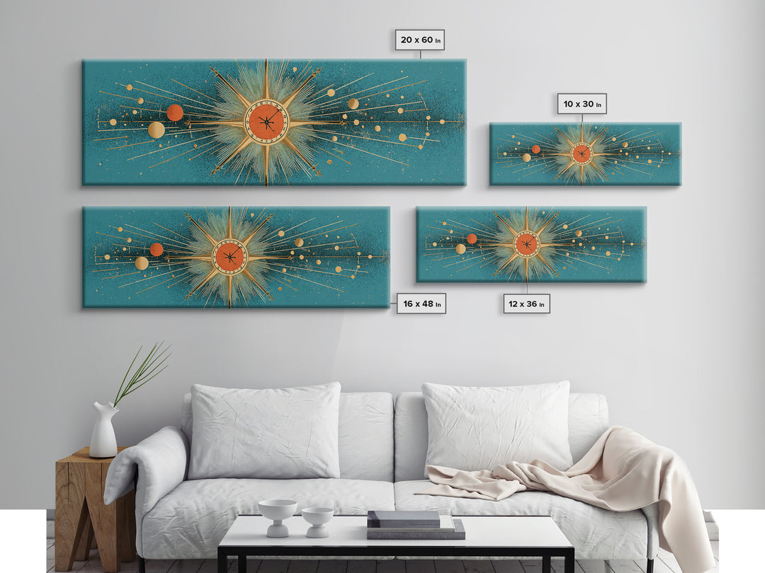 Teal Atomic Clock Sunburst Canvas Print, Mid Century Modern Wall Art, Retro Geometric Office Decor, Turquoise Mcm Print Gift