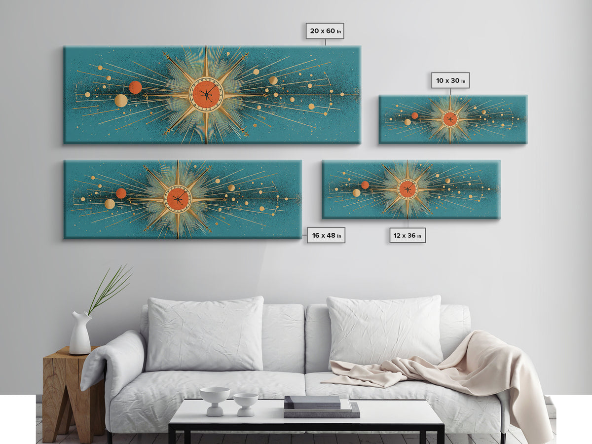 Teal Atomic Clock Sunburst Canvas Print, Mid Century Modern Wall Art, Retro Geometric Office Decor, Turquoise Mcm Print Gift
