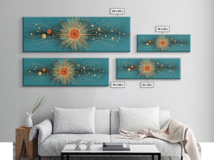 Teal Atomic Clock Sunburst Canvas Print, Mid Century Modern Wall Art, Retro Geometric Office Decor, Turquoise Mcm Print Gift