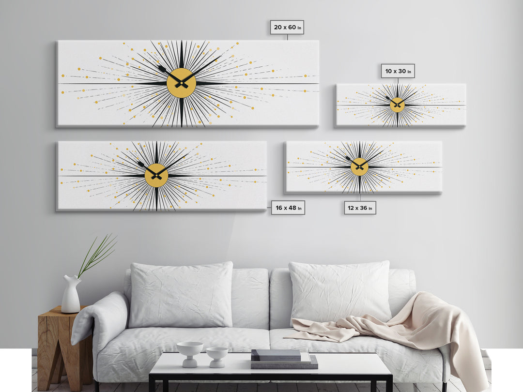 Minimal Gold Clock Starburst Wall Art, Mid Century Modern Abstract Print, Geometric Bauhaus Decor For Office, Entry, Or Den