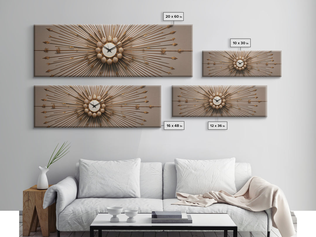 Gold Sunburst Clock Sculpture Framed Canvas Print, Mid Century Modern Wall Art, Hollywood Regency Decor For Living Room