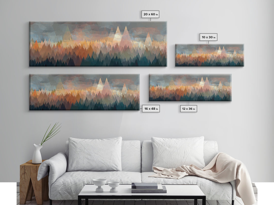 Misty Triangle Forest And Mountain Wall Art, Midcentury Modern Decor, Geometric Landscape Print, Teal Orange Home Decor Art