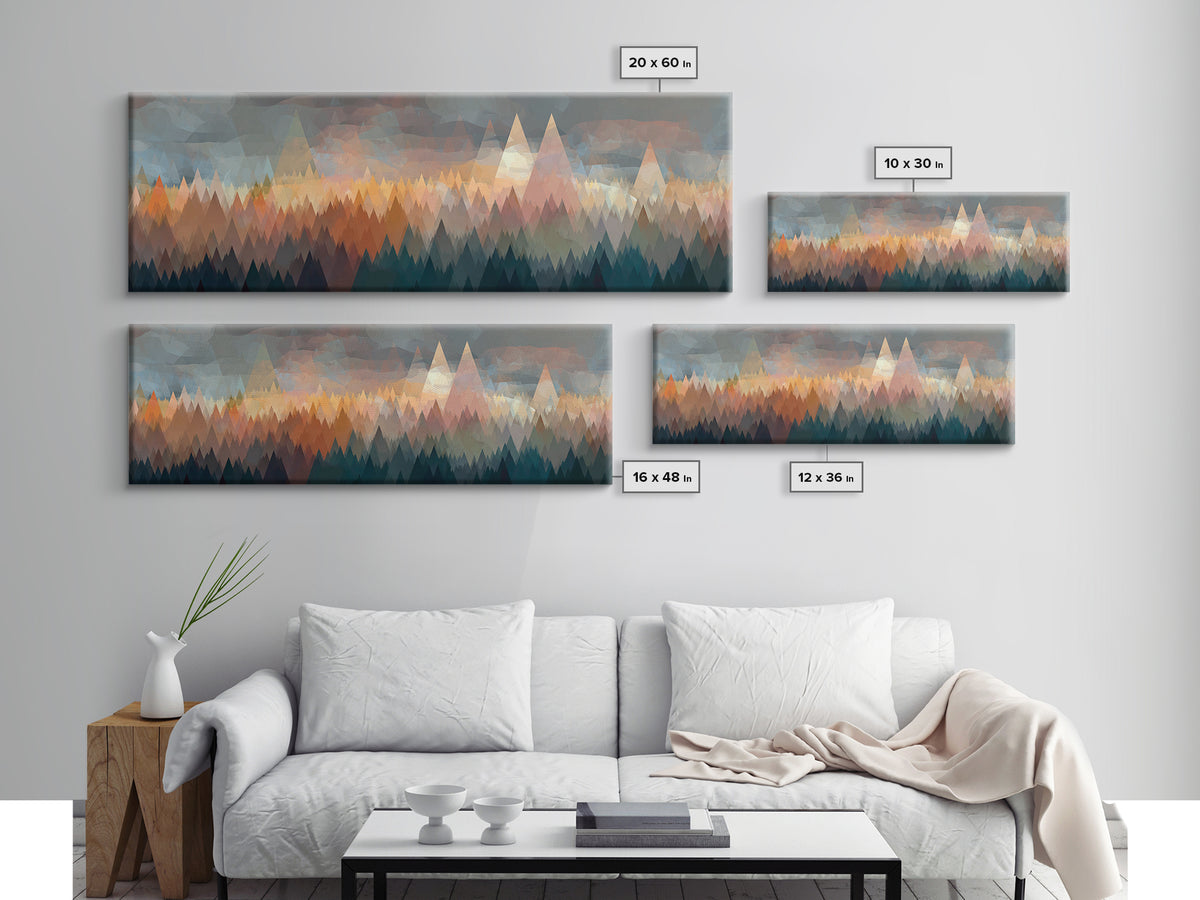 Misty Triangle Forest And Mountain Wall Art, Midcentury Modern Decor, Geometric Landscape Print, Teal Orange Home Decor Art