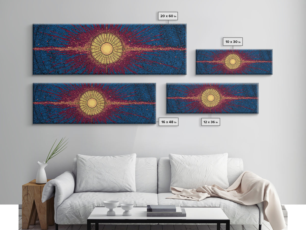 Blue Magenta Solar Burst Wall Art, Mid Century Modern Abstract Print, Cosmic Retro Decor For Living Room And Office, Wall Decor