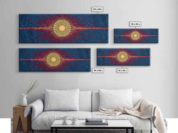 Blue Magenta Solar Burst Wall Art, Mid Century Modern Abstract Print, Cosmic Retro Decor For Living Room And Office, Wall Decor