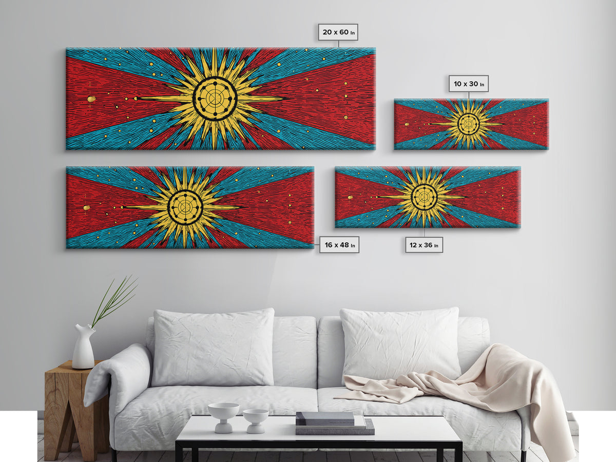 Radiant Atomic Sunburst And Orbiting Stars Canvas Print, Mid Century Modern Wall Art, Retro Space Decor, Bold MCM Poster