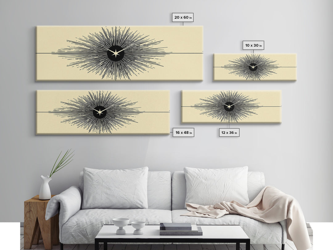 Black Starburst Atomic Eye Canvas Print, Mid Century Modern Wall Art, Minimalist Retro Poster, Beige Space Age Home Decor