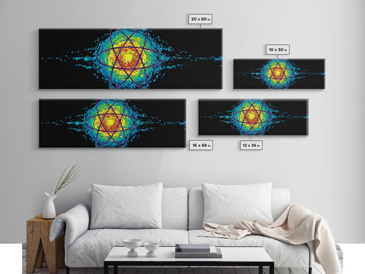 Glowing Yellow Atom And Blue Particle Waves Canvas Print, Midcentury Modern Wall Art, Retro Science Poster, Space Decor Art