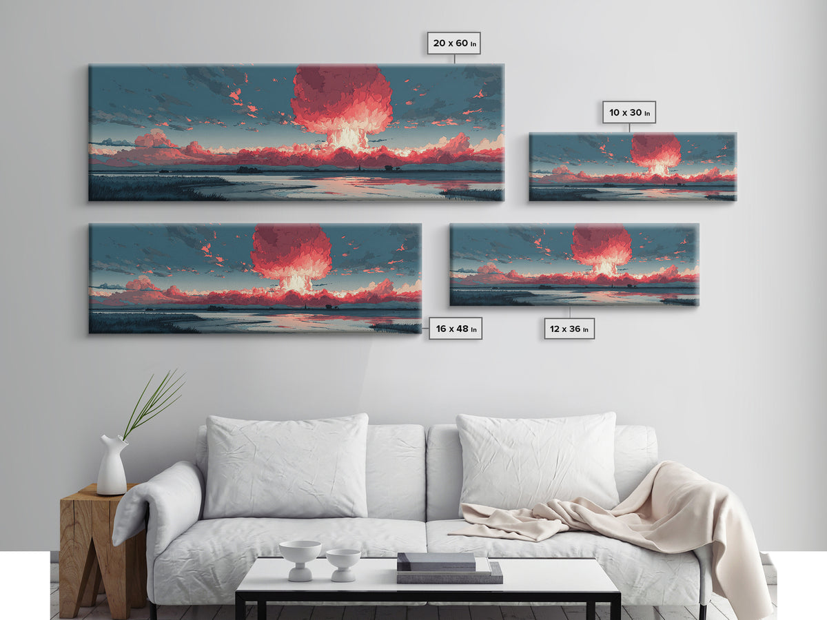 Dramatic Red Mushroom Cloud Over Wetlands Wall Art, Modern Abstract Art Print, Sci Fi Landscape Poster, Statement Home Decor