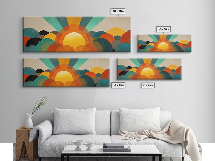 Layered Sun Rising Over Retro Hills Canvas Print, Mid Century Modern Wall Art, Colorful Landscape Poster, MCM Home Decor