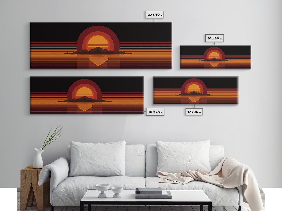 Orange Desert Sun And Mountain Reflection Wall Art, Retro Midcentury Canvas Print, Black Minimalist Modern Home Decor Poster