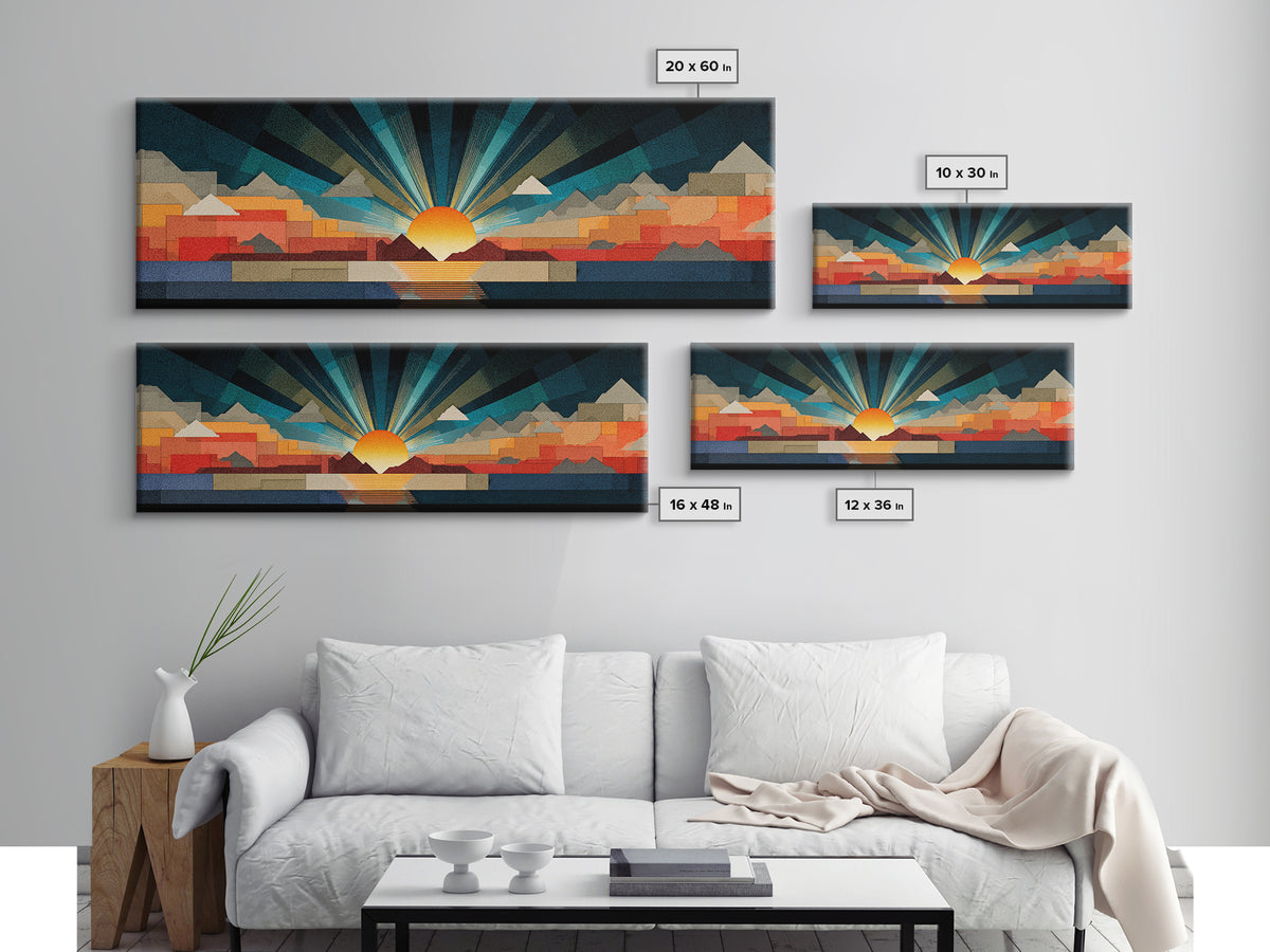 Art Deco Sunrise Mountain Landscape Wall Art, Midcentury Modern Canvas Print, Bold Geometric Retro Living Room Decor Poster