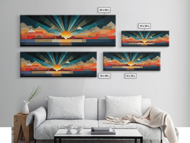 Art Deco Sunrise Mountain Landscape Wall Art, Midcentury Modern Canvas Print, Bold Geometric Retro Living Room Decor Poster