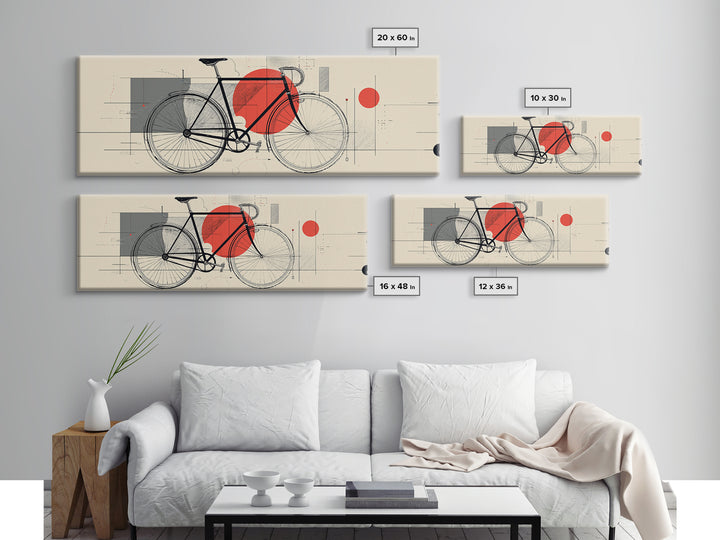 Minimalist Black Bicycle Wall Art, Red Sun Bauhaus Canvas Print, Midcentury Modern Cycling Poster, Graphic Office Decor Art Print