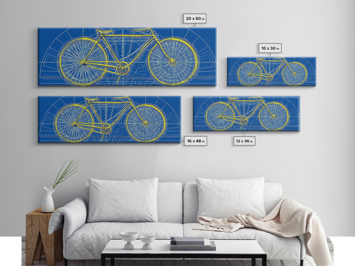 Blue Yellow Bicycle Blueprint Canvas Print, Mid Century Modern Wall Art, Cycling Poster, Geometric Retro Office Decor Gift