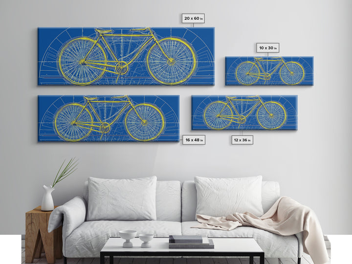 Blue Yellow Bicycle Blueprint Canvas Print, Mid Century Modern Wall Art, Cycling Poster, Geometric Retro Office Decor Gift