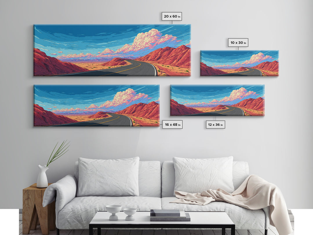 Red Canyon Highway Framed Canvas Print, Modern Wall Art, Retro Travel Poster Style, Colorful Landscape, Southwestern Decor