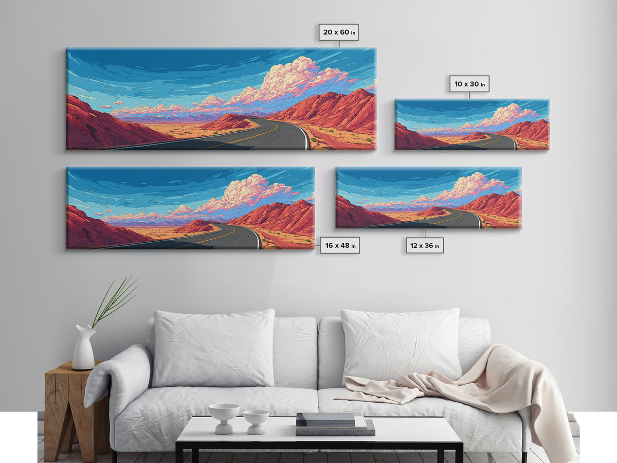 Red Canyon Highway Framed Canvas Print, Modern Wall Art, Retro Travel Poster Style, Colorful Landscape, Southwestern Decor