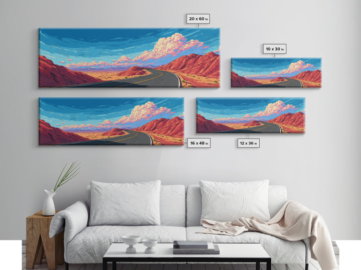 Red Canyon Highway Framed Canvas Print, Modern Wall Art, Retro Travel Poster Style, Colorful Landscape, Southwestern Decor