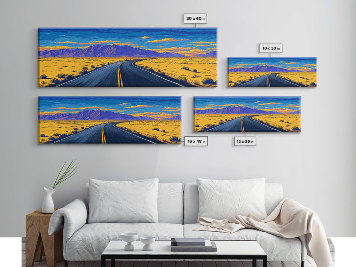 Vibrant Desert Highway And Purple Mountains Wall Art, Mid Century Modern Landscape Poster, Retro Road Trip Home Decor Print