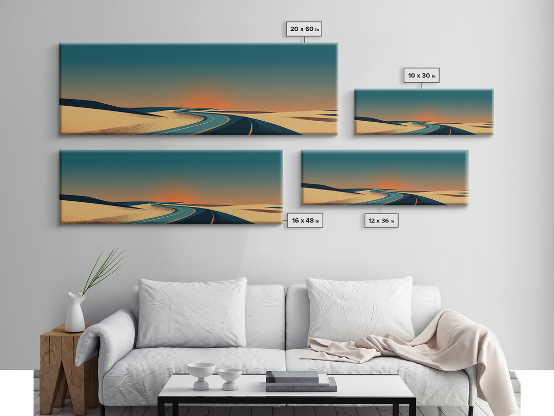 Minimal Sunset Desert Road Canvas Print, Mid Century Modern Landscape Wall Decor, Retro Travel Poster, Warm Neutral Art Print