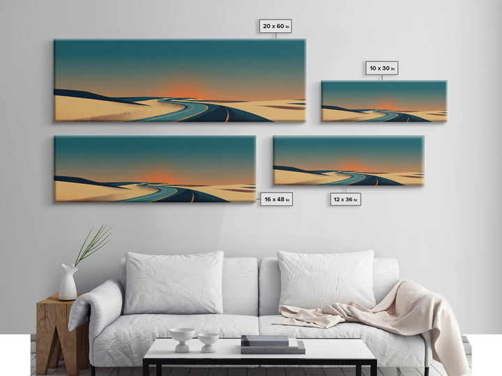 Minimal Sunset Desert Road Canvas Print, Mid Century Modern Landscape Wall Decor, Retro Travel Poster, Warm Neutral Art Print