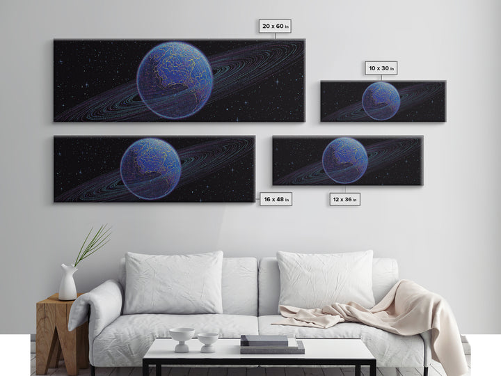Ringed Blue Planet In Starry Space Canvas Print, Retro Sci Fi Wall Decor, Modern Digital Art Poster For Office And Bedroom
