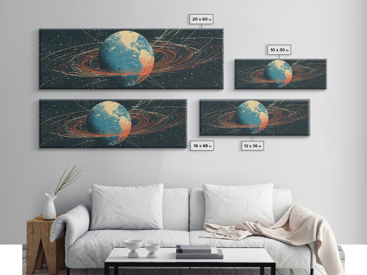 Retro Earth Orbit Lines And Star Map Wall Art, Mid Century Modern Space Poster, Scientific Astronomy Print For Office Decor