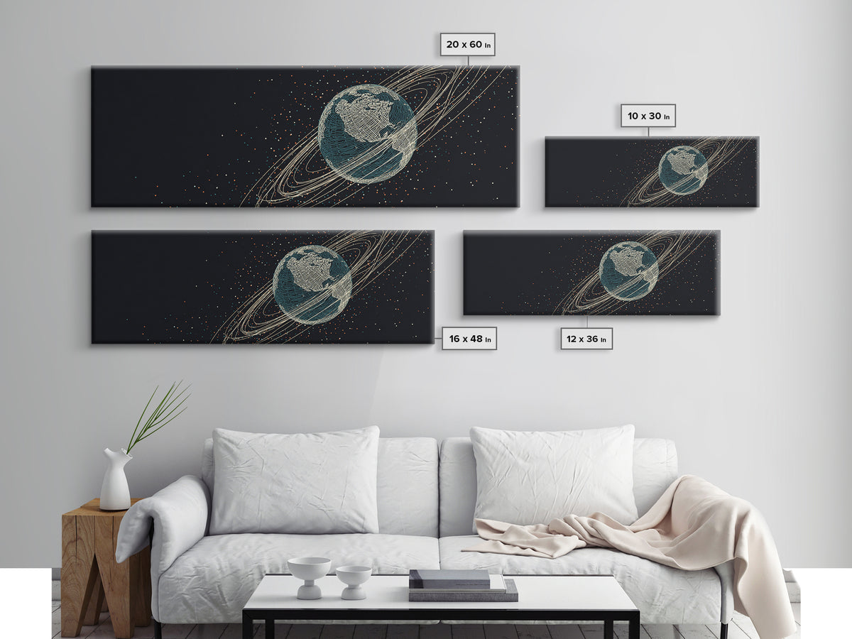 Dark Earth With Orbital Rings Framed Canvas Print, Retro Space Science Wall Decor, Modern Astronomy Art For Home Office Gift