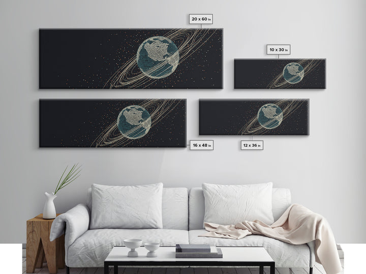Dark Earth With Orbital Rings Framed Canvas Print, Retro Space Science Wall Decor, Modern Astronomy Art For Home Office Gift
