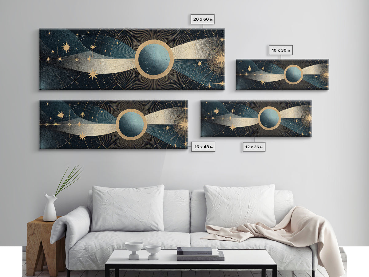 Abstract Solar Eclipse With Golden Stars Wall Art, Mid Century Modern Celestial Poster, Cosmic Retro Print For Living Room
