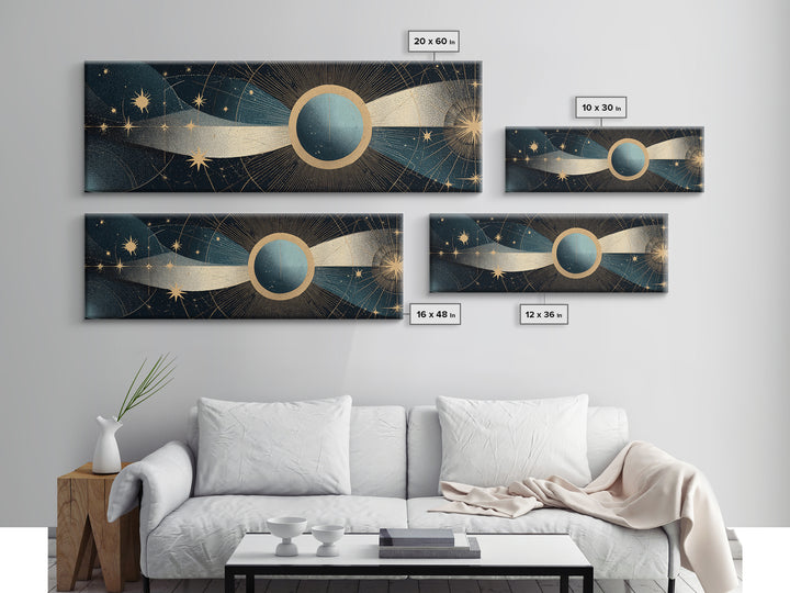 Abstract Solar Eclipse With Golden Stars Wall Art, Mid Century Modern Celestial Poster, Cosmic Retro Print For Living Room