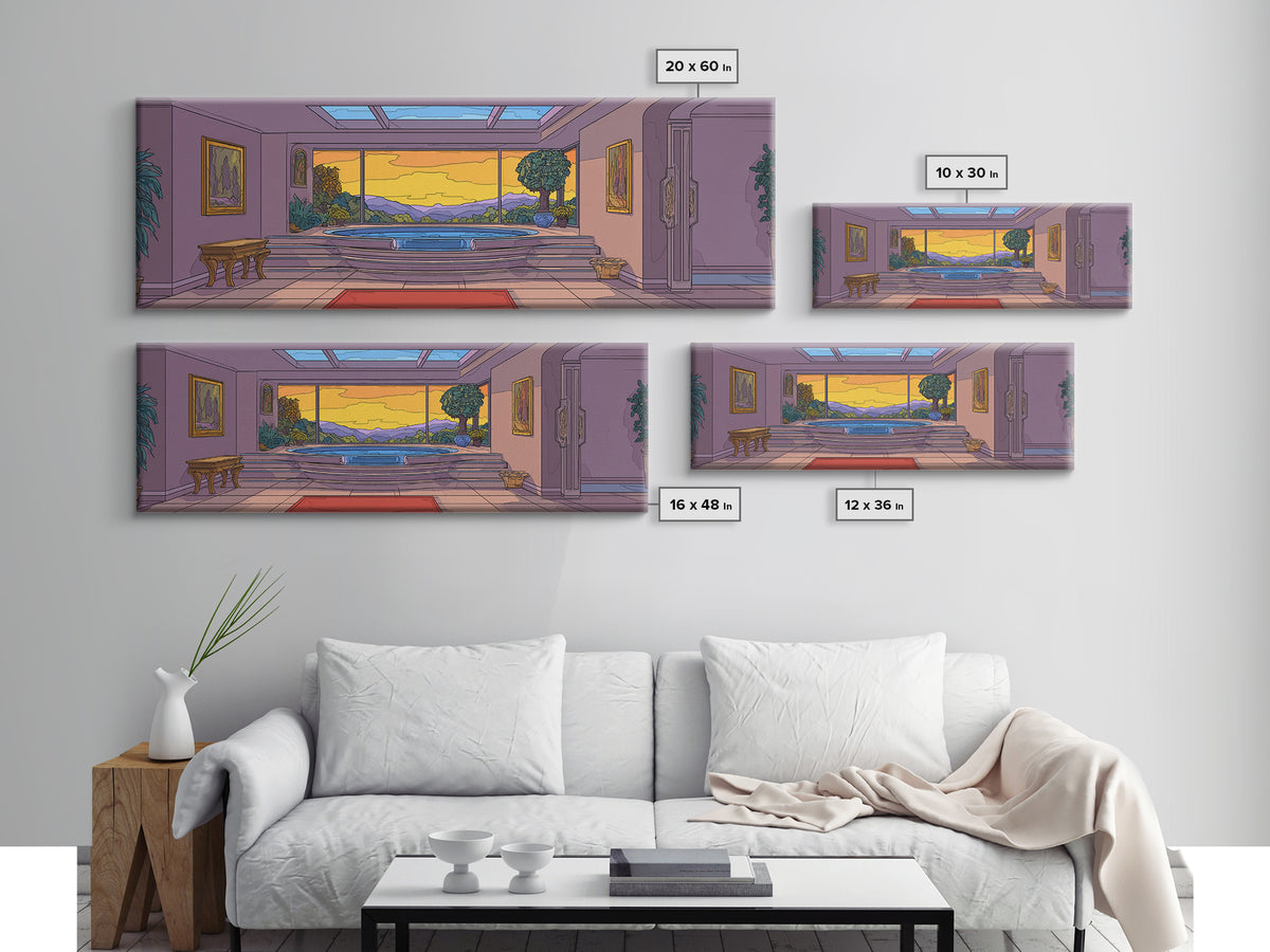 Retro Modern Interior With Sunset Mountain View Wall Art, Mid Century Modern Home Decor, Architectural Landscape Poster Print