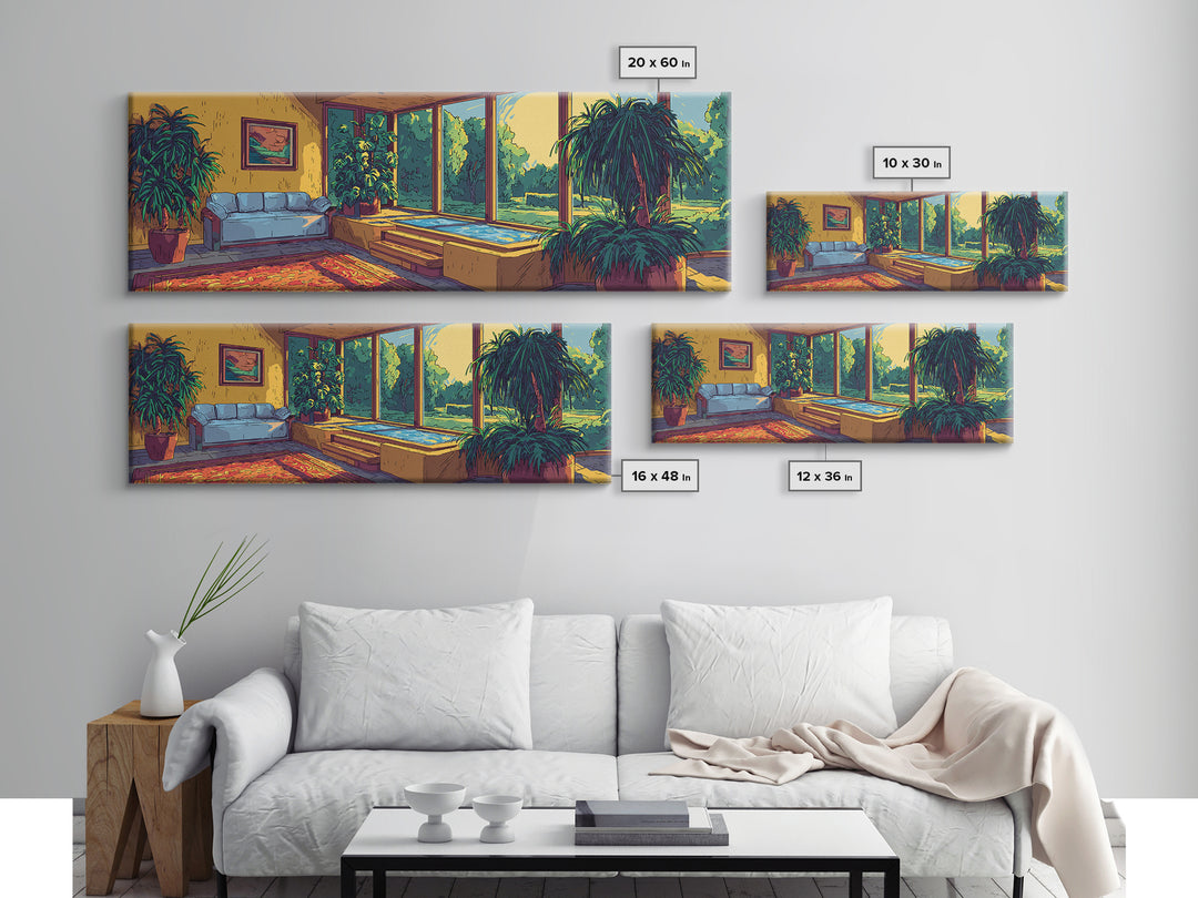 Sunlit Living Room With Lush Houseplants Canvas Print, Mid Century Modern Interior Wall Decor, Cozy Botanical Art Print Poster