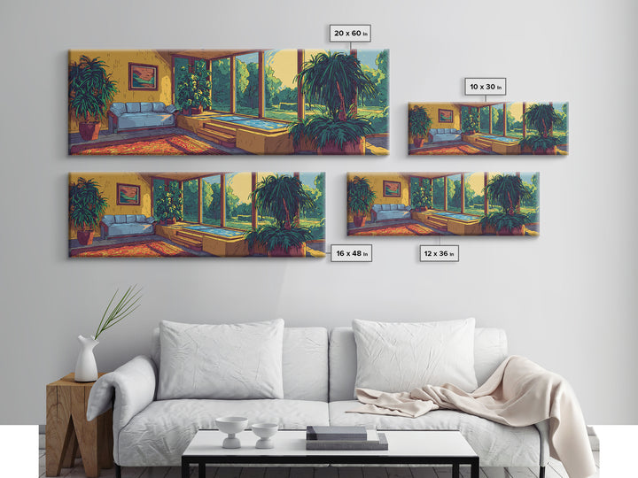 Sunlit Living Room With Lush Houseplants Canvas Print, Mid Century Modern Interior Wall Decor, Cozy Botanical Art Print Poster
