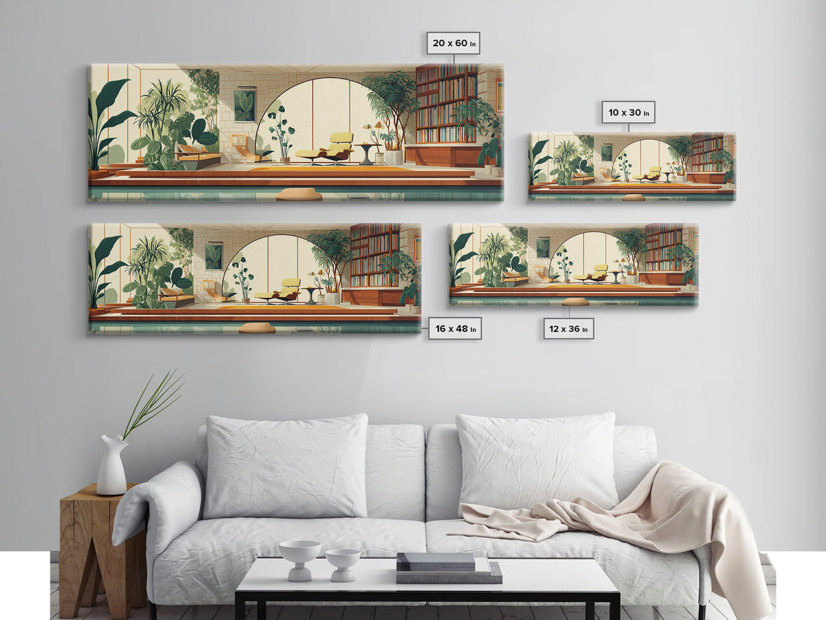 Sunlit Indoor Pool Atrium With Plants Wall Art, Midcentury Modern Decor, MCM Home Office, Retro Architectural Living Room Print