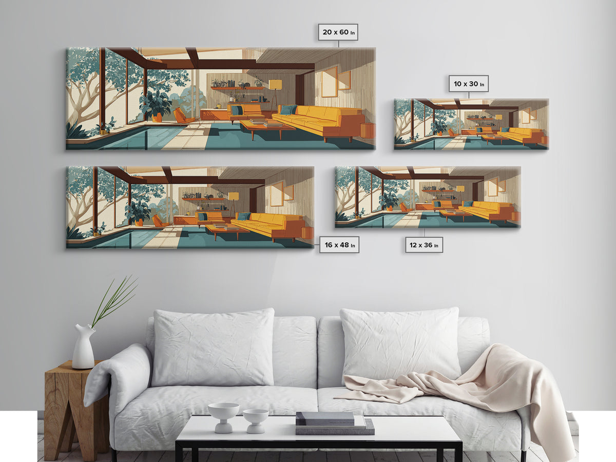 Glass Wall Living Room With Pool Wall Art, Midcentury Modern Decor, MCM Architecture, Retro Home Office Interior Design Canvas Print