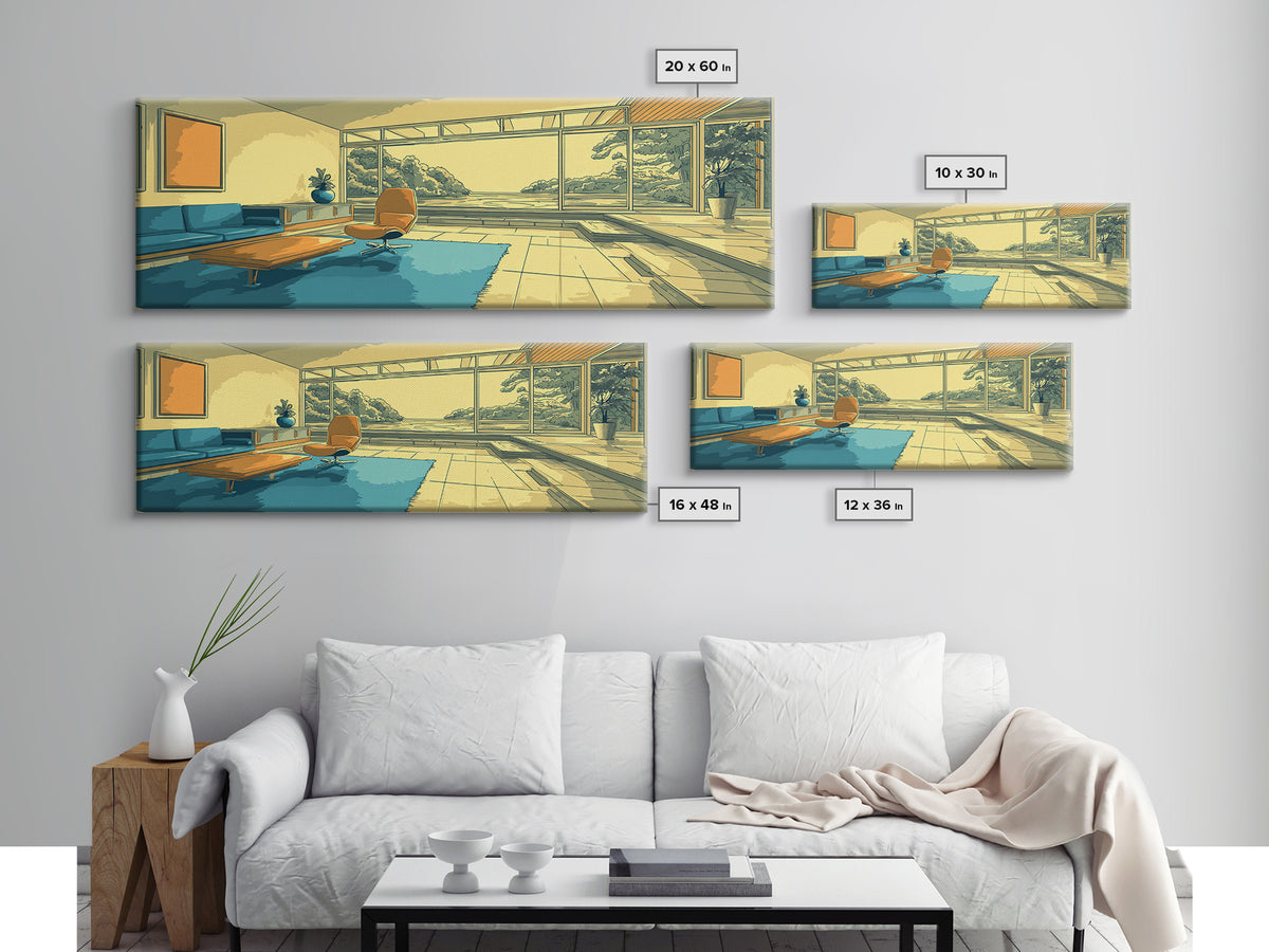 Teal Yellow Living Room With Mountain View Framed Canvas Print, Midcentury Modern Wall Decor, Retro MCM Architecture Home Art