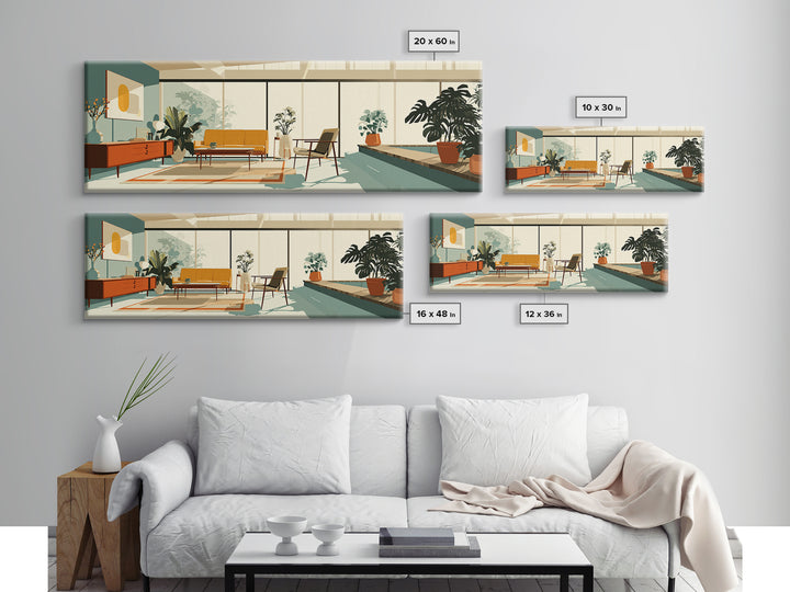 Sunny Plant Filled Living Room Wall Art, Midcentury Modern Decor, MCM Furniture, Retro Architectural Home Office Canvas Print