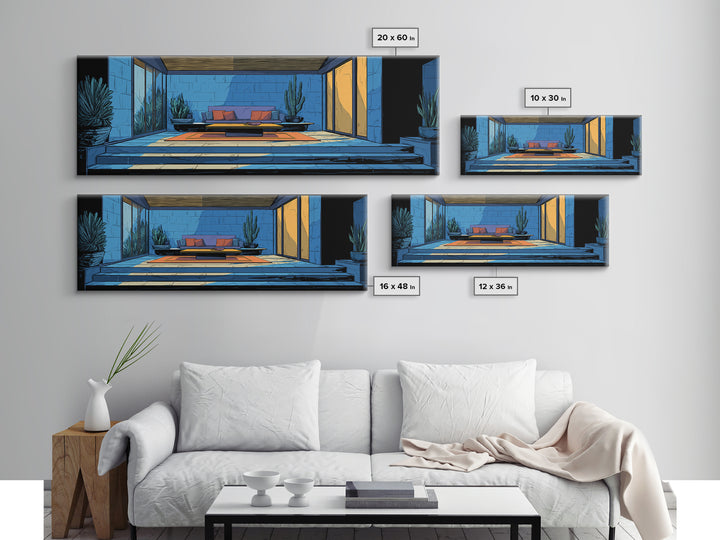 Blue Desert Courtyard With Cactus Wall Art, Midcentury Modern Decor, Retro Patio Architecture, MCM Large Framed Canvas Print