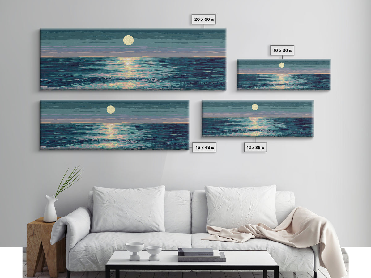 Moonlit Ocean Waves Under Full Moon Wall Art, Coastal Modern Decor, Blue Seascape, Serene Bedroom Living Room Canvas Print