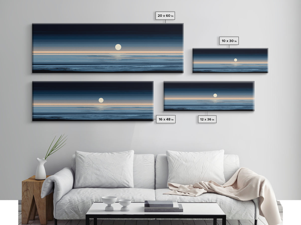 Minimal Moon Over Calm Horizon Wall Art, Modern Coastal Decor, Blue Abstract Seascape, Serene Bedroom Large Canvas Print