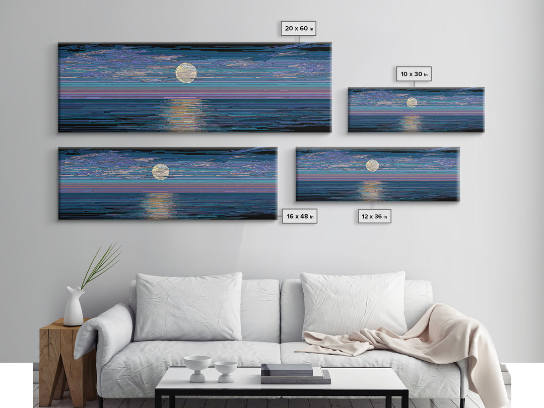 Striped Full Moon Ocean Reflection Wall Art, Modern Abstract Decor, Blue Coastal Seascape, MCM Retro Bedroom Canvas Print