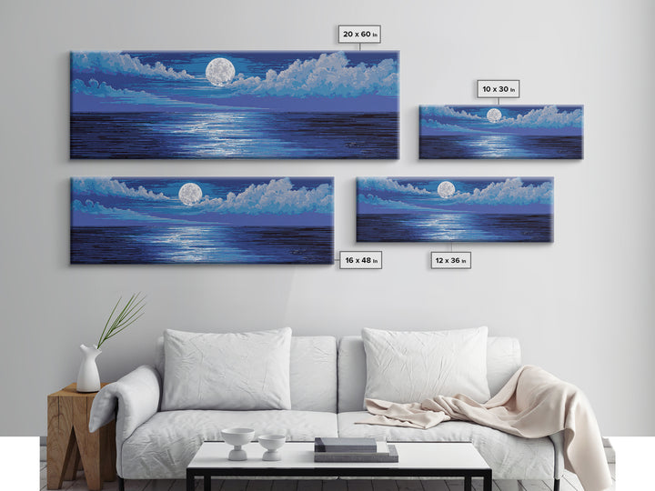 Bright Full Moon Over Blue Ocean Clouds Wall Art, Modern Coastal Decor, Serene Seascape, Bedroom Living Room Large Canvas Print