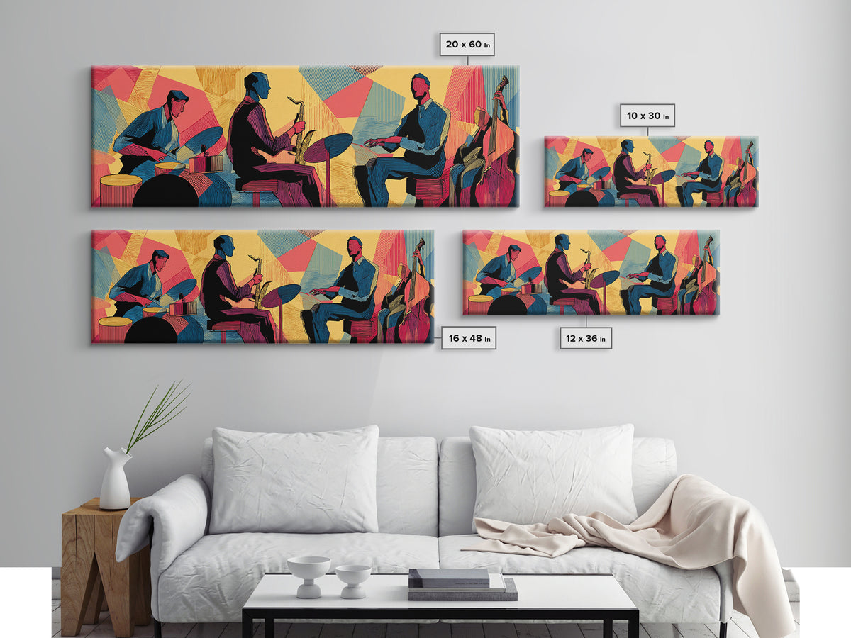 Vibrant Jazz Trio And Bass Canvas Print, Midcentury Modern Wall Art, Colorful Music Poster, Bold Retro Living Room Decor