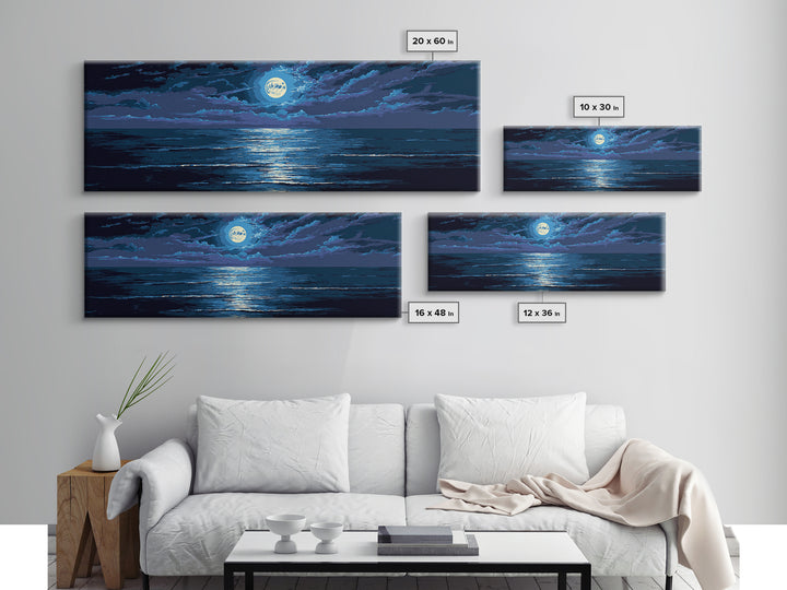 Dramatic Moonlit Ocean With Storm Clouds Wall Art, Modern Coastal Decor, Blue Seascape, Moody Bedroom Large Canvas Print