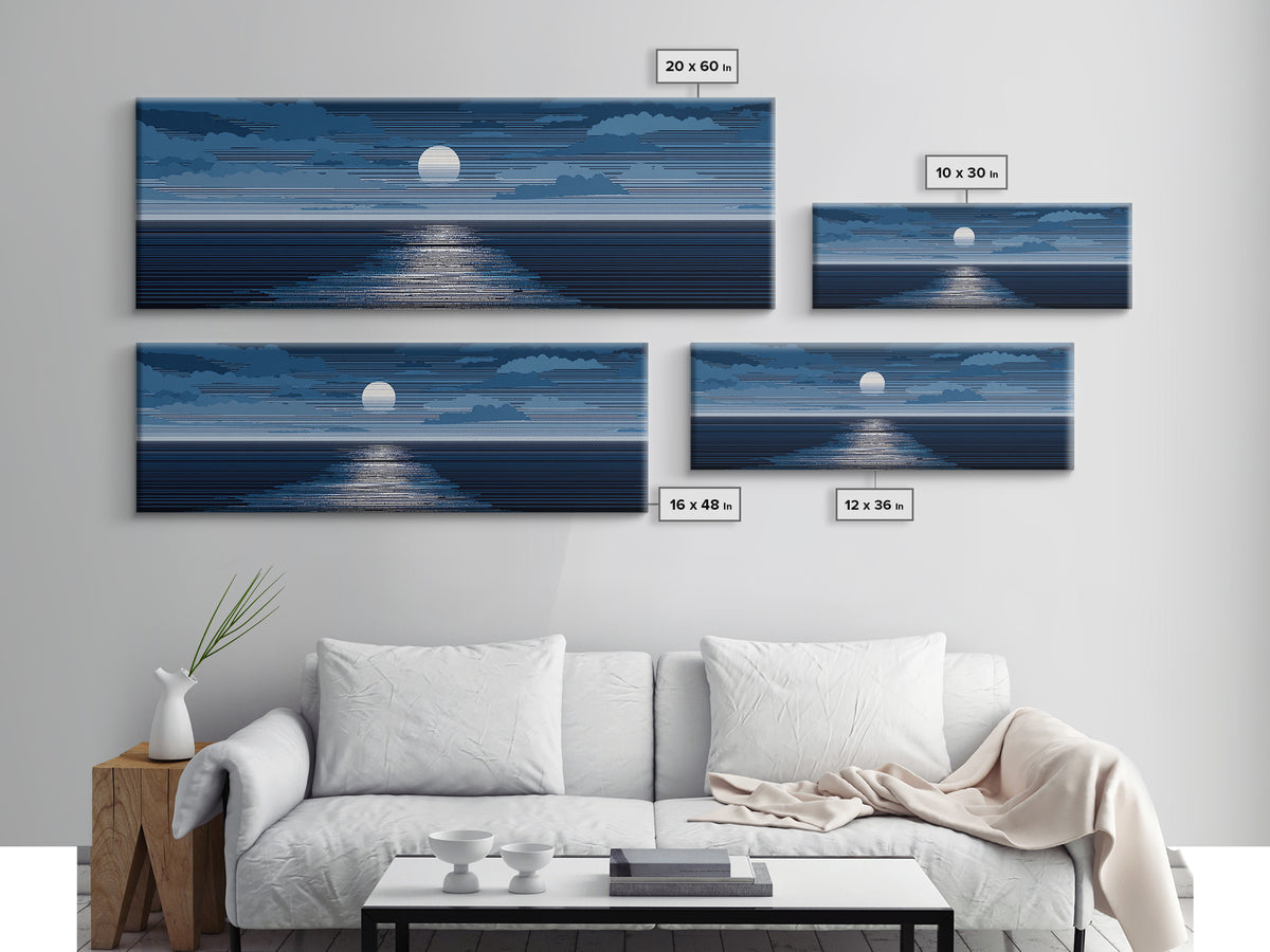 Blue Moonlit Ocean Horizon Wall Art, Mid Century Modern Seascape Print, Navy Coastal Decor, Serene Bedroom Artwork, Living Room Art